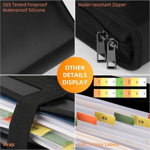 Fireproof and waterproof foldable accordion file folder with label, fireproof document bag