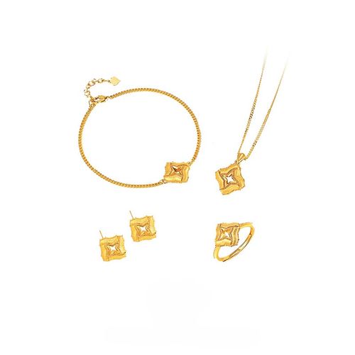 Gold Sand Four-Leaf Clover Necklace, Ring, Bracelet, and Earrings Four-Piece Set