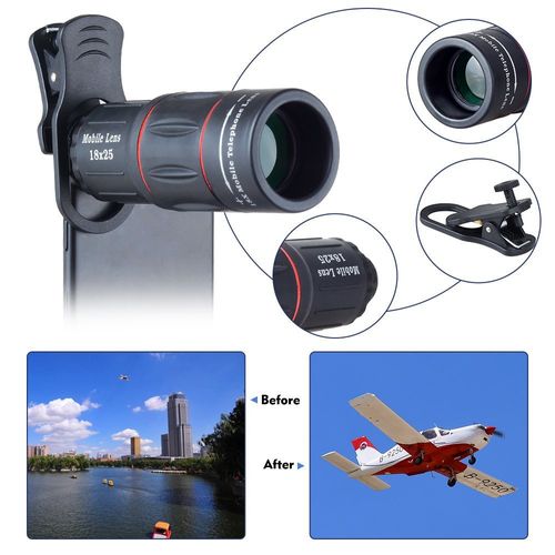 Outdoor 18x25 HD phone lens, used for concert shooting, comes with a 28x external telescope, a phone clip, and a phone stand.