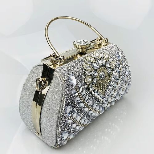 Luxury 2025 Diamond Evening Handbag Durable Hardware with Polyester Fabric Sliver Wedding Purse Fashionable Rhinestone Dinner Bag