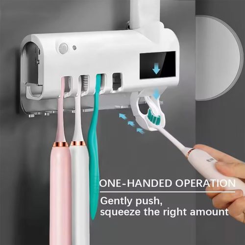 Smart Wall Mounted Toothbrush Holder UV Sterilizer Punch-Free Automatic Bathroom Organizer Cover Family Use Toothpaste Dispenser