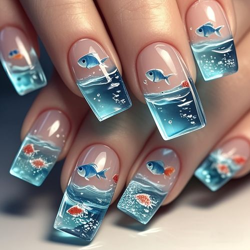 24pcs Fingers Square Wearable Nails Blue Ocean Fish Smudged French Manicure Jewelry Findings Components