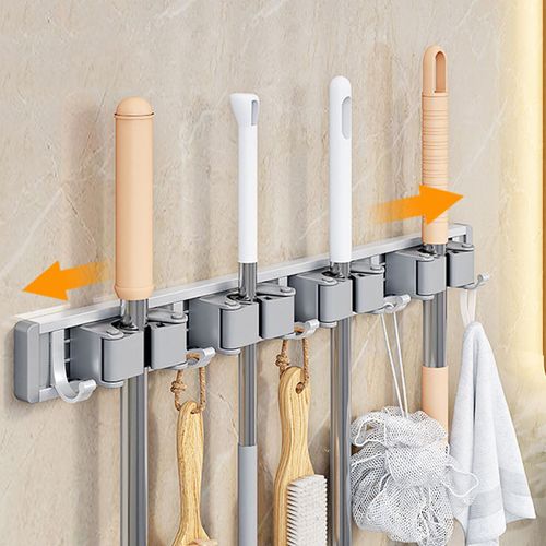 Single-Tier Stainless Steel Mop Holder Punch-Free Modern Multifunctional Convenient Storage Mops Brooms Brushes Bathroom Kitchen