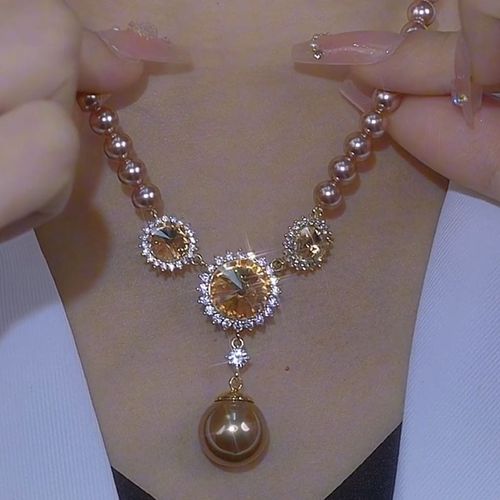 Brown crystal sunflower pearl necklace vintage versatile elegant necklace