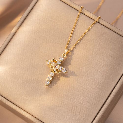 Versatile Light Luxury Crown Cross Necklace Rotatable Diamond Zircon Clavicle Pendant Necklace Jewelry for Women