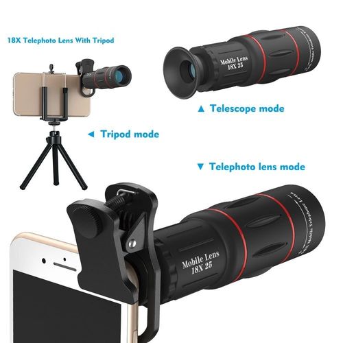 Outdoor 18x25 HD phone lens, used for concert shooting, comes with a 28x external telescope, a phone clip, and a phone stand.
