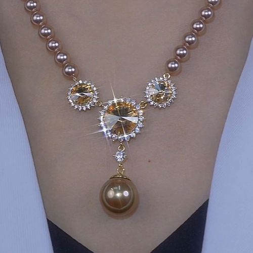 Brown crystal sunflower pearl necklace vintage versatile elegant necklace