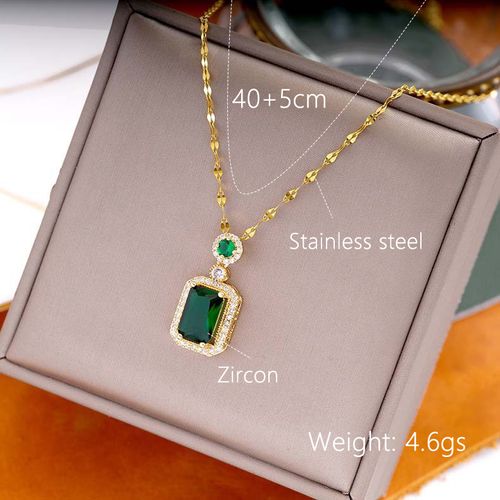 Luxury Women's 18K Gold Stainless Steel Geometric Crystal Jewelry Set Includes Emerald Zircon Pendant Necklace and Earrings