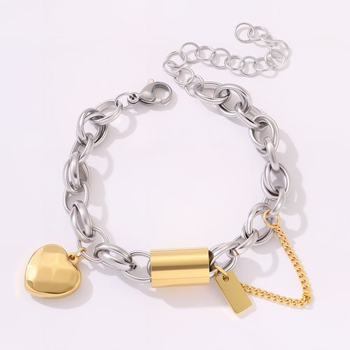 Golden Silvery Mixed Color 1pc Punk Chunky Thick Chain Stainless Steel Bracelet with Fashion Love Heart Pendant, Wrist Jewelry for Women and Men, Perfect for Parties and Street Style Gifts