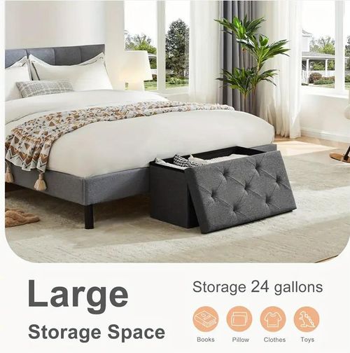 Large Linen Folding Ottoman Bench End of Bed Storage Foot Rest Stool with Padded Seat for Bedroom & Living Room Use