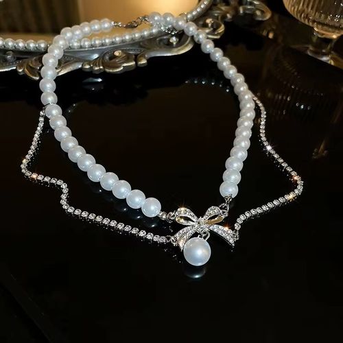 French Style High-End Elegant Choker Retro Pendant Light Luxury Collarbone Chain with Bowknot Pearl Trendy Necklace