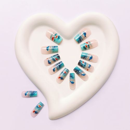 24pcs Fingers Square Wearable Nails Blue Ocean Fish Smudged French Manicure Jewelry Findings Components