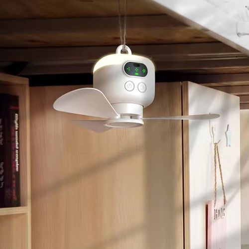 Mini Ceiling Fan Portable Camping Fan With Light & Remote Built in 8000mAh Battery(White)