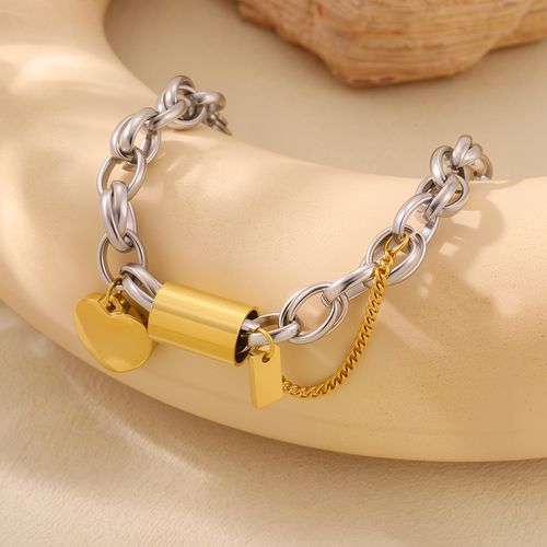 Golden Silvery Mixed Color 1pc Punk Chunky Thick Chain Stainless Steel Bracelet with Fashion Love Heart Pendant, Wrist Jewelry for Women and Men, Perfect for Parties and Street Style Gifts