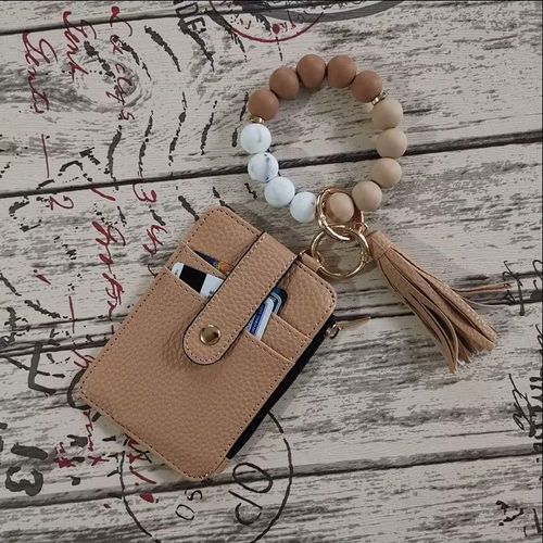 Khaki card holder PU leather wallet women's keychain wooden silicone bead bracelet zipper bag wallet keychain