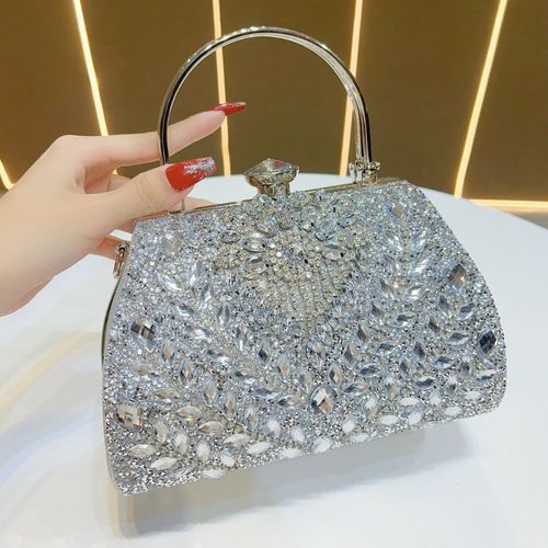 Luxury 2025 Diamond Evening Handbag Durable Hardware with Polyester Fabric Sliver Wedding Purse Fashionable Rhinestone Dinner Bag