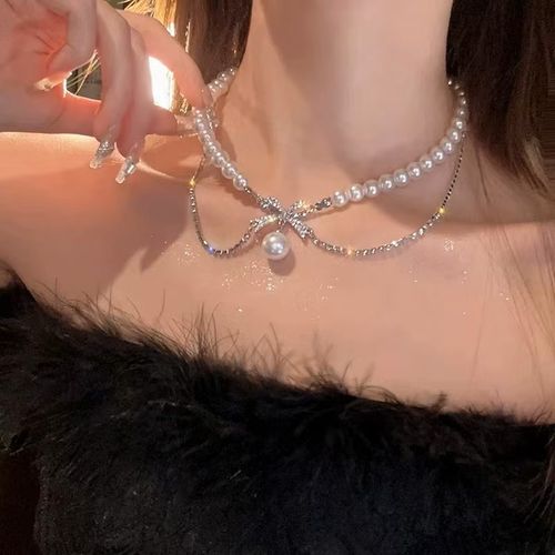 French Style High-End Elegant Choker Retro Pendant Light Luxury Collarbone Chain with Bowknot Pearl Trendy Necklace