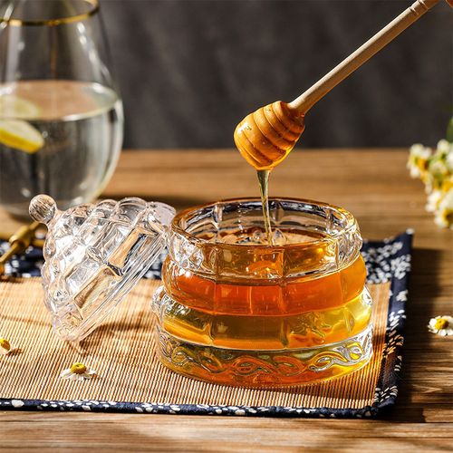 Glass Honey Jar with Lid & Wood Dippers Honey Pot Storage Container