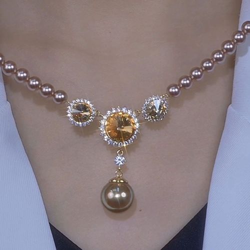 Brown crystal sunflower pearl necklace vintage versatile elegant necklace