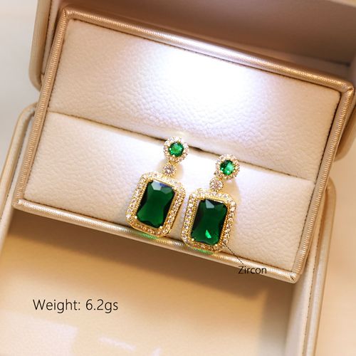 Luxury Women's 18K Gold Stainless Steel Geometric Crystal Jewelry Set Includes Emerald Zircon Pendant Necklace and Earrings