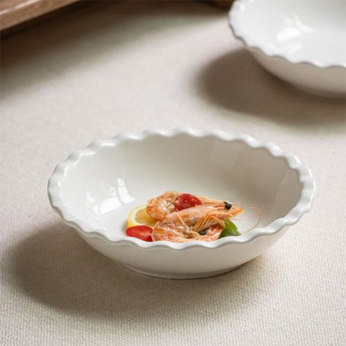 Wavy Bowl Household 8-Inch White Solid Color Ceramic Bowl Fruit Salad Bowl