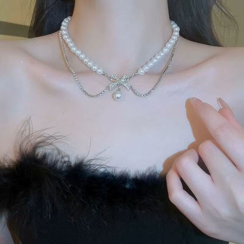 French Style High-End Elegant Choker Retro Pendant Light Luxury Collarbone Chain with Bowknot Pearl Trendy Necklace