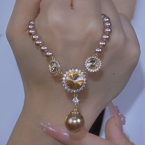 Brown crystal sunflower pearl necklace vintage versatile elegant necklace
