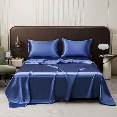 Queen Size Bed Sheets Simulated Silk Sateen Sheet and Pillowcase 4 Piece Solid Sheets Bedding Set