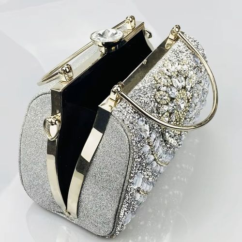 Luxury 2025 Diamond Evening Handbag Durable Hardware with Polyester Fabric Sliver Wedding Purse Fashionable Rhinestone Dinner Bag