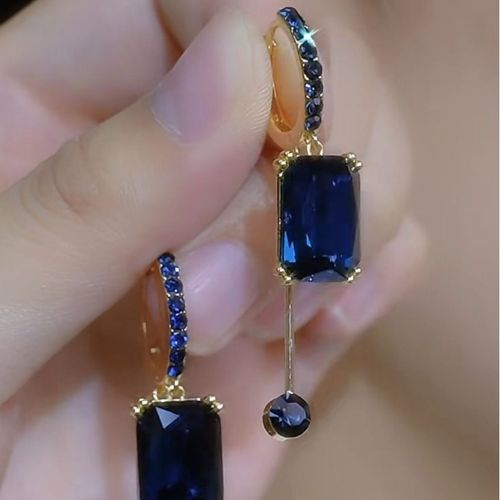 Blue square crystal earrings, light luxury, high-end niche unique earrings
