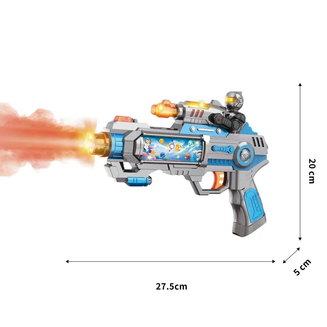 Brinquedo infantil de pistola pequena com spray, som elétrico, luz e vibração.