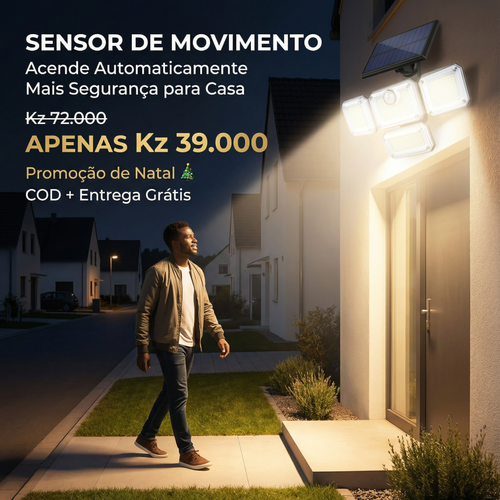 ⚠️☀️Luanda💡—Proteção Total da Casa 🔒🏠— Lâmpada Solar 4 Cabeças Giratórias 🔄 — Carrega de Dia ☀️, Ilumina à Noite 🌙, Sem Eletricidade ❌🔌, Sensor Inteligente 🚶‍♂️💡