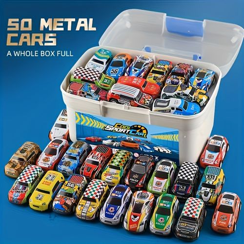 Conjunto de 50 carros de brinquedo em liga fundida com organizador e função de retrocesso