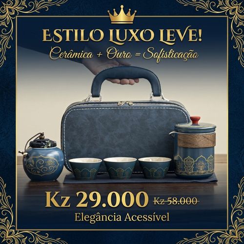 🇦🇴🔥Luanda 🍵✨ Conjunto Chá Portátil 🎒 Uma chaleira + 3 copos ☕ Cerâmica azul com dourado 💎 Estilo luxo leve 💼 Ideal para viagem, carro e escritório 🎁 Presente elegante🎁Ótimo presente