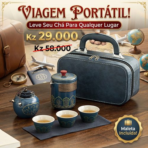 🇦🇴🔥Luanda 🍵✨ Conjunto Chá Portátil 🎒 Uma chaleira + 3 copos ☕ Cerâmica azul com dourado 💎 Estilo luxo leve 💼 Ideal para viagem, carro e escritório 🎁 Presente elegante🎁Ótimo presente