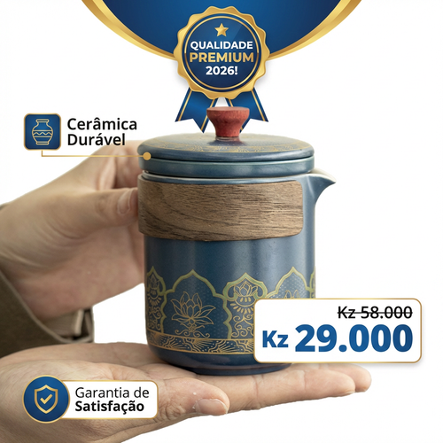🇦🇴🔥Luanda 🍵✨ Conjunto Chá Portátil 🎒 Uma chaleira + 3 copos ☕ Cerâmica azul com dourado 💎 Estilo luxo leve 💼 Ideal para viagem, carro e escritório 🎁 Presente elegante🎁Ótimo presente