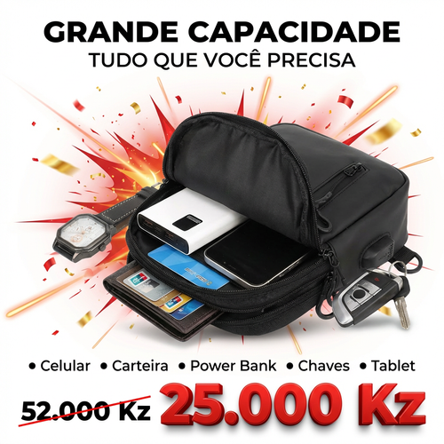 🔥 Bolsa Masculina Moderna com USB — Promoção Especia— 25.000 Kz🚫 Apenas 30 unidades 📦 Entrega grátis— Pague só ao receber