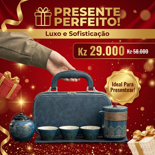 🇦🇴🔥Luanda 🍵✨ Conjunto Chá Portátil 🎒 Uma chaleira + 3 copos ☕ Cerâmica azul com dourado 💎 Estilo luxo leve 💼 Ideal para viagem, carro e escritório 🎁 Presente elegante🎁Ótimo presente
