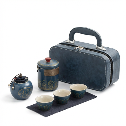🇦🇴🔥Luanda 🍵✨ Conjunto Chá Portátil 🎒 Uma chaleira + 3 copos ☕ Cerâmica azul com dourado 💎 Estilo luxo leve 💼 Ideal para viagem, carro e escritório 🎁 Presente elegante🎁Ótimo presente