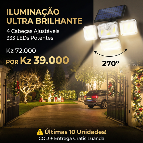 ⚠️☀️Luanda💡—Proteção Total da Casa 🔒🏠— Lâmpada Solar 4 Cabeças Giratórias 🔄 — Carrega de Dia ☀️, Ilumina à Noite 🌙, Sem Eletricidade ❌🔌, Sensor Inteligente 🚶‍♂️💡