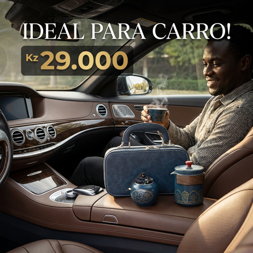 🇦🇴🔥Luanda 🍵✨ Conjunto Chá Portátil 🎒 Uma chaleira + 3 copos ☕ Cerâmica azul com dourado 💎 Estilo luxo leve 💼 Ideal para viagem, carro e escritório 🎁 Presente elegante🎁Ótimo presente