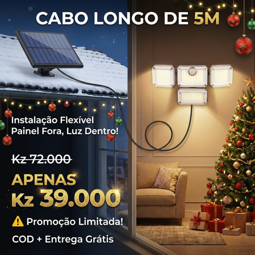 ⚠️☀️Luanda💡—Proteção Total da Casa 🔒🏠— Lâmpada Solar 4 Cabeças Giratórias 🔄 — Carrega de Dia ☀️, Ilumina à Noite 🌙, Sem Eletricidade ❌🔌, Sensor Inteligente 🚶‍♂️💡