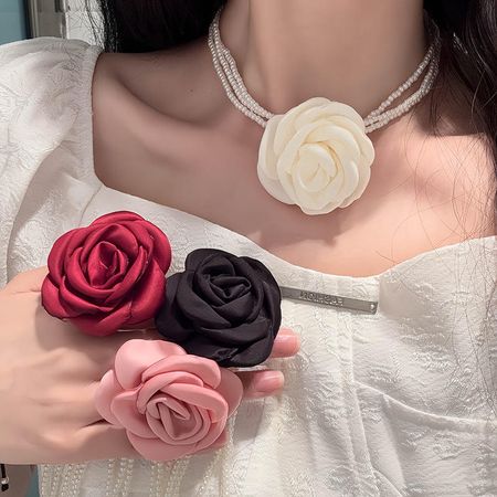 Beach Holiday Floral Necklace Fashion Jewellery Rose Pearl Multi-Layer Women's Fabric Necklace