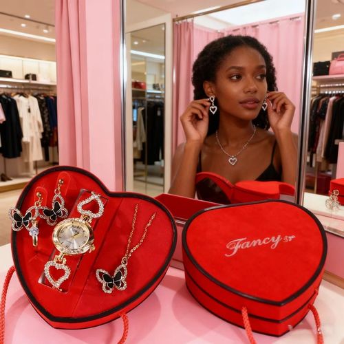 Heart Shaped Butterfly & Crystal Watch Jewelry Set