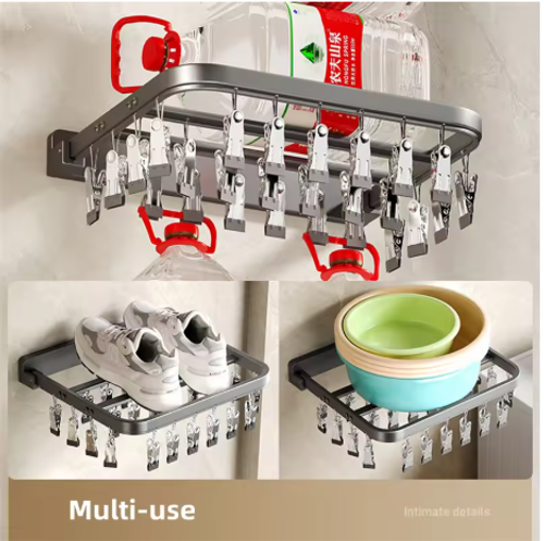 BEISHI Wall Mounted Foldable Aluminum Sock Drying Rack Windproof Clips Clothespin Towel Bra Laundry Hanger Bathroom Accessories