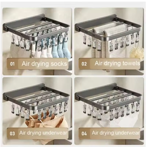 BEISHI Wall Mounted Foldable Aluminum Sock Drying Rack Windproof Clips Clothespin Towel Bra Laundry Hanger Bathroom Accessories