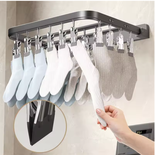 BEISHI Wall Mounted Foldable Aluminum Sock Drying Rack Windproof Clips Clothespin Towel Bra Laundry Hanger Bathroom Accessories