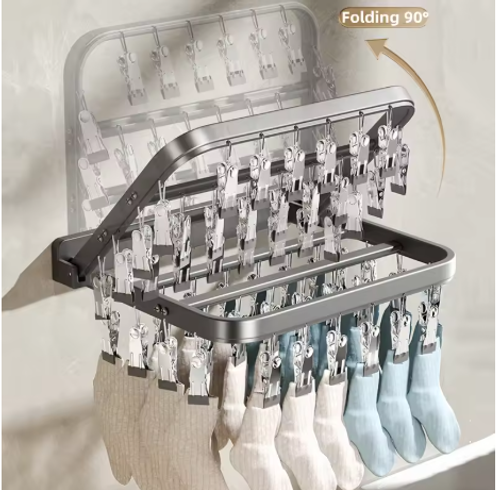 BEISHI Wall Mounted Foldable Aluminum Sock Drying Rack Windproof Clips Clothespin Towel Bra Laundry Hanger Bathroom Accessories