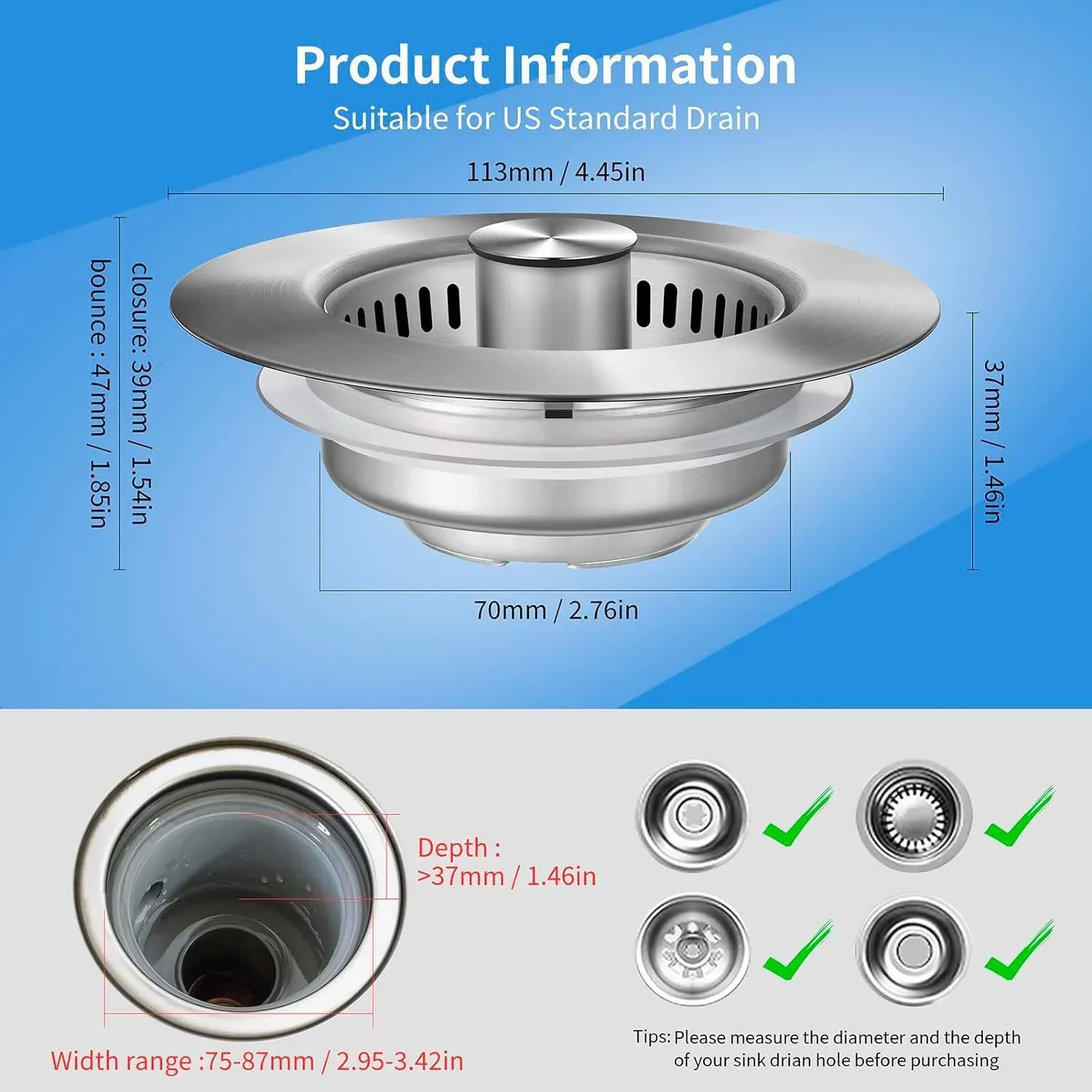 2pcs of Upgraded Stainless Steel  3-in-1 Kitchen Sink Drain Strainer
