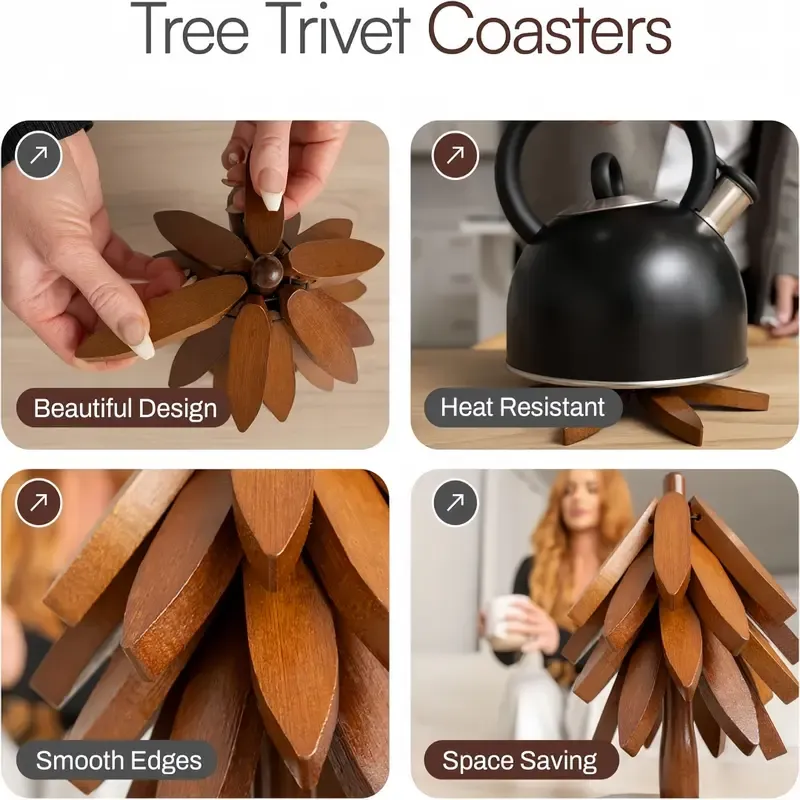 Natural Tree Trivet Set - 4 Wooden Trivets & 1 Stand